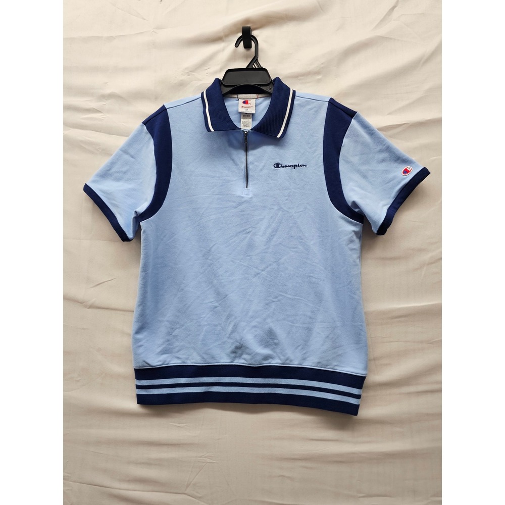 Champion Mens Club Sport Zip Polo Blue Cotton Blend Athletic Size Medium